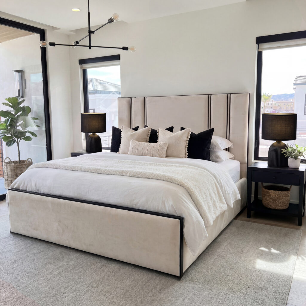 PSCL Amalfi Italian style bed frame with tall panelled headboard and contrast piping, shown in Plush Cream