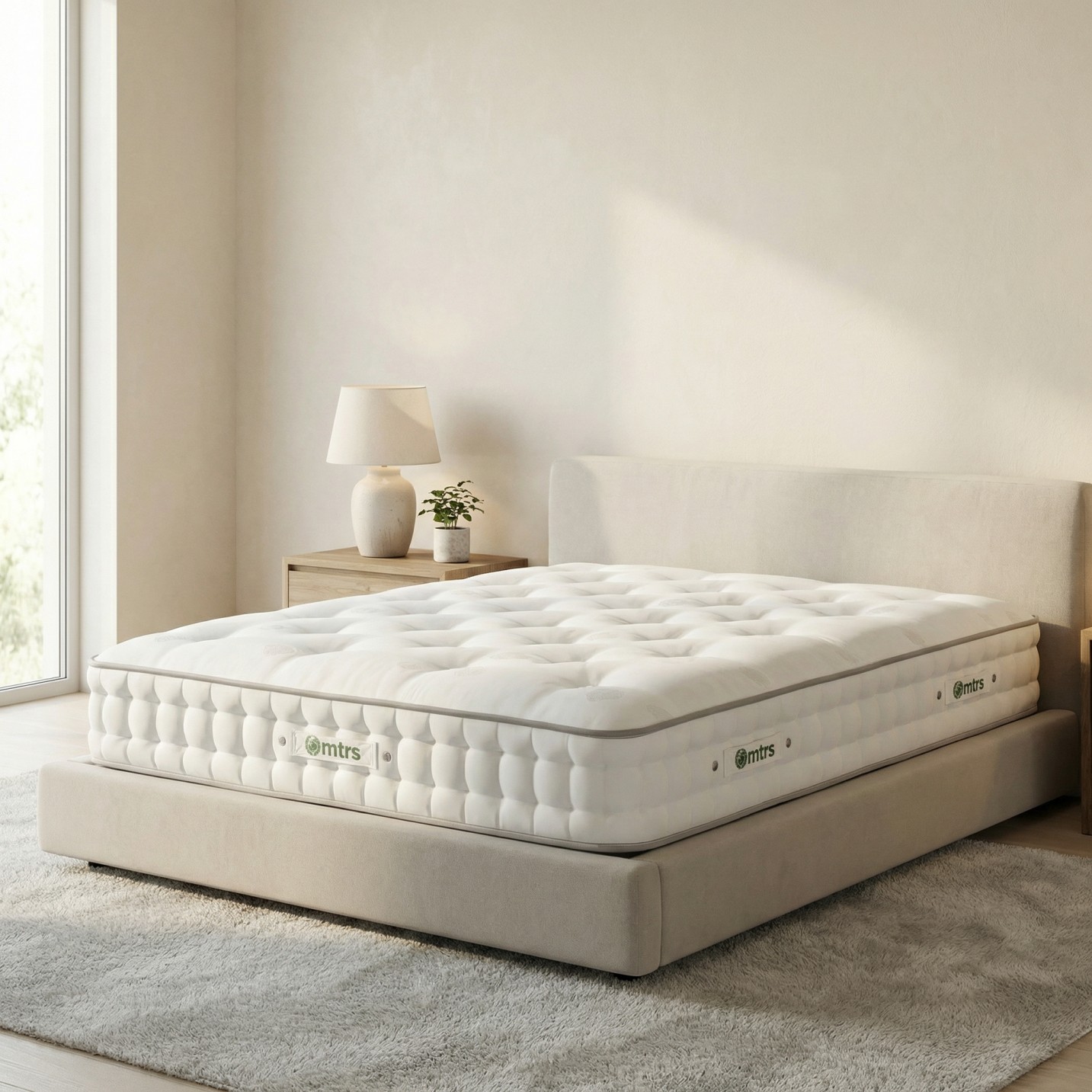 PSCL Beds upholstered bed frame with Shire Beds mattress, handmade in Yorkshire