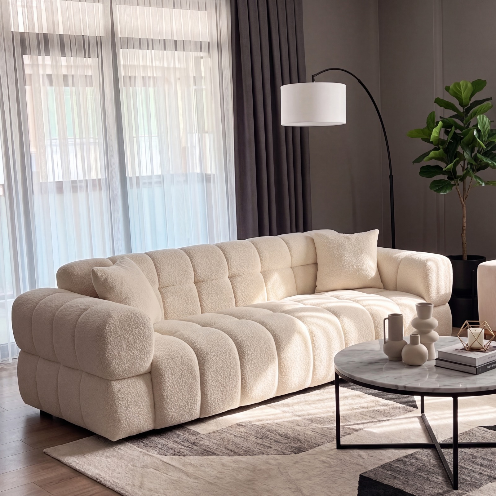 PSCL Teddy-Cubex 3 seater square panel sofa in cream teddy boucle fabric in a modern living room