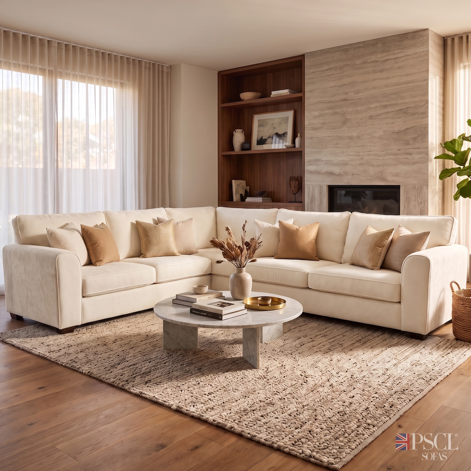PSCL Model C sofa handmade in the UK with textured woven upholstery and solid wood feet