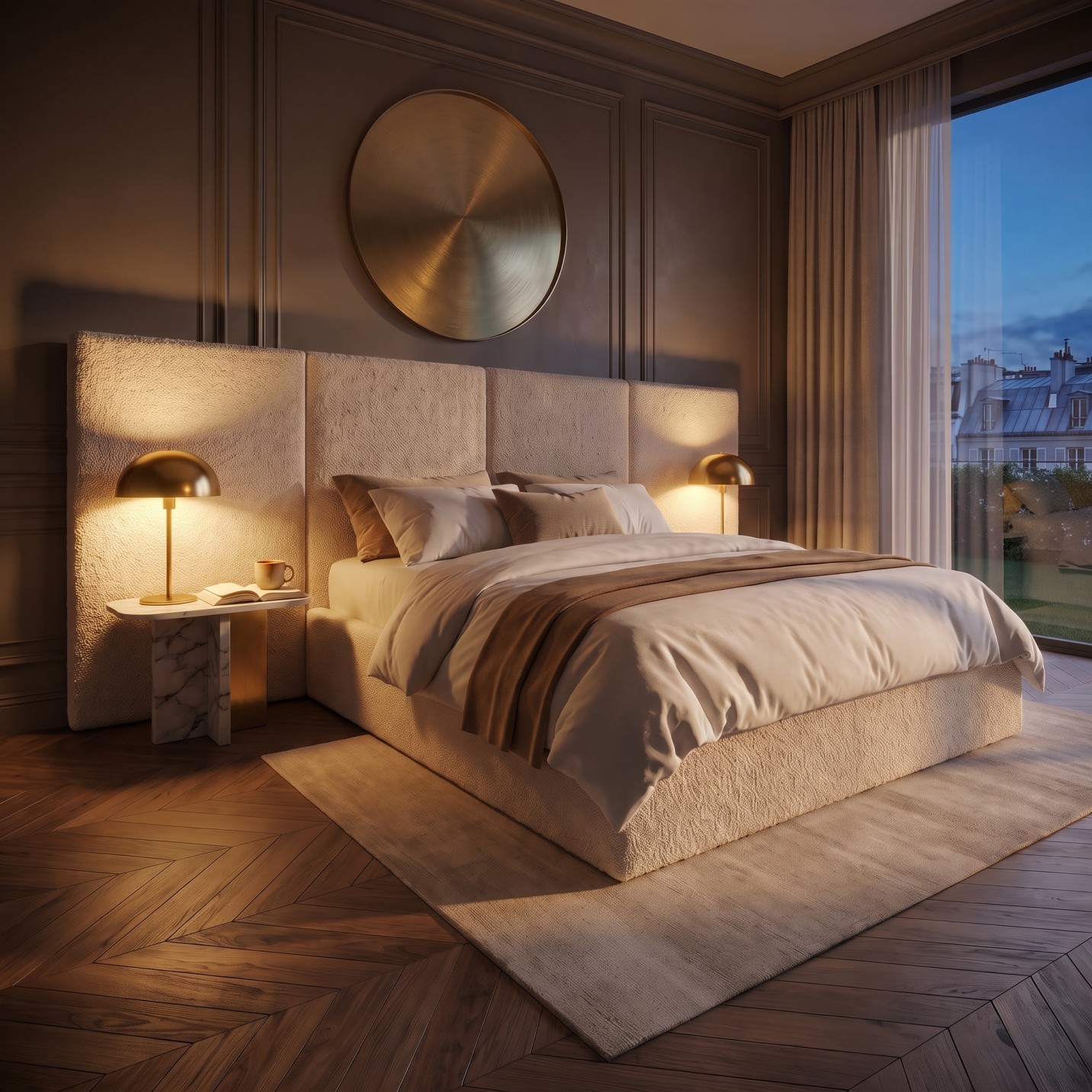 Teddy Bahamas boucle bed in warm evening bedroom lighting showing the depth of the teddy pile