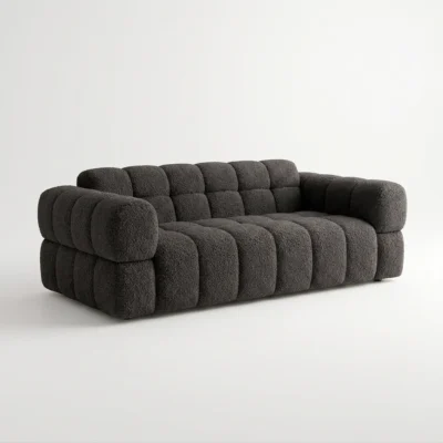 PSCL Teddy-Cubex Dark 3 Seater Square Panel Sofa (Teddy-Boucle Black Fabric)