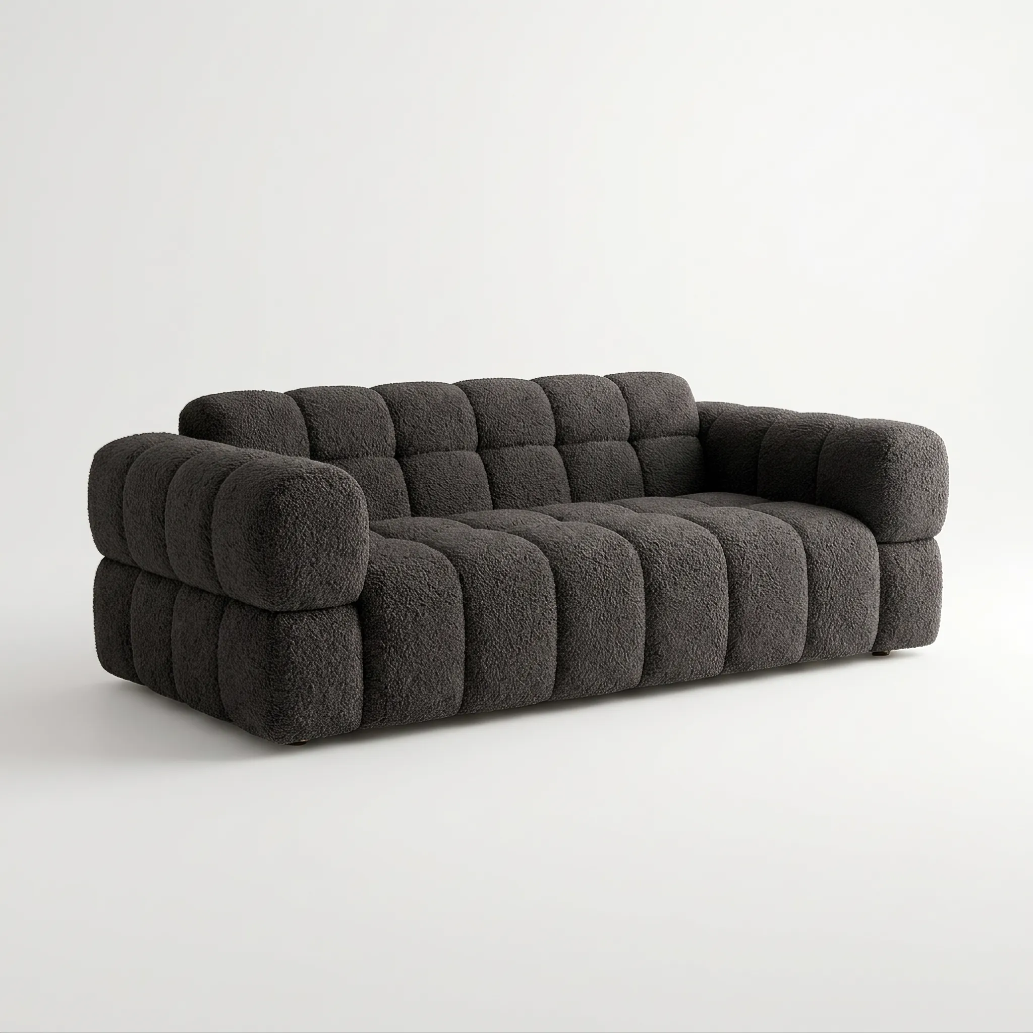 PSCL Teddy-Cubex Dark 3 seater square panel sofa in black teddy boucle fabric