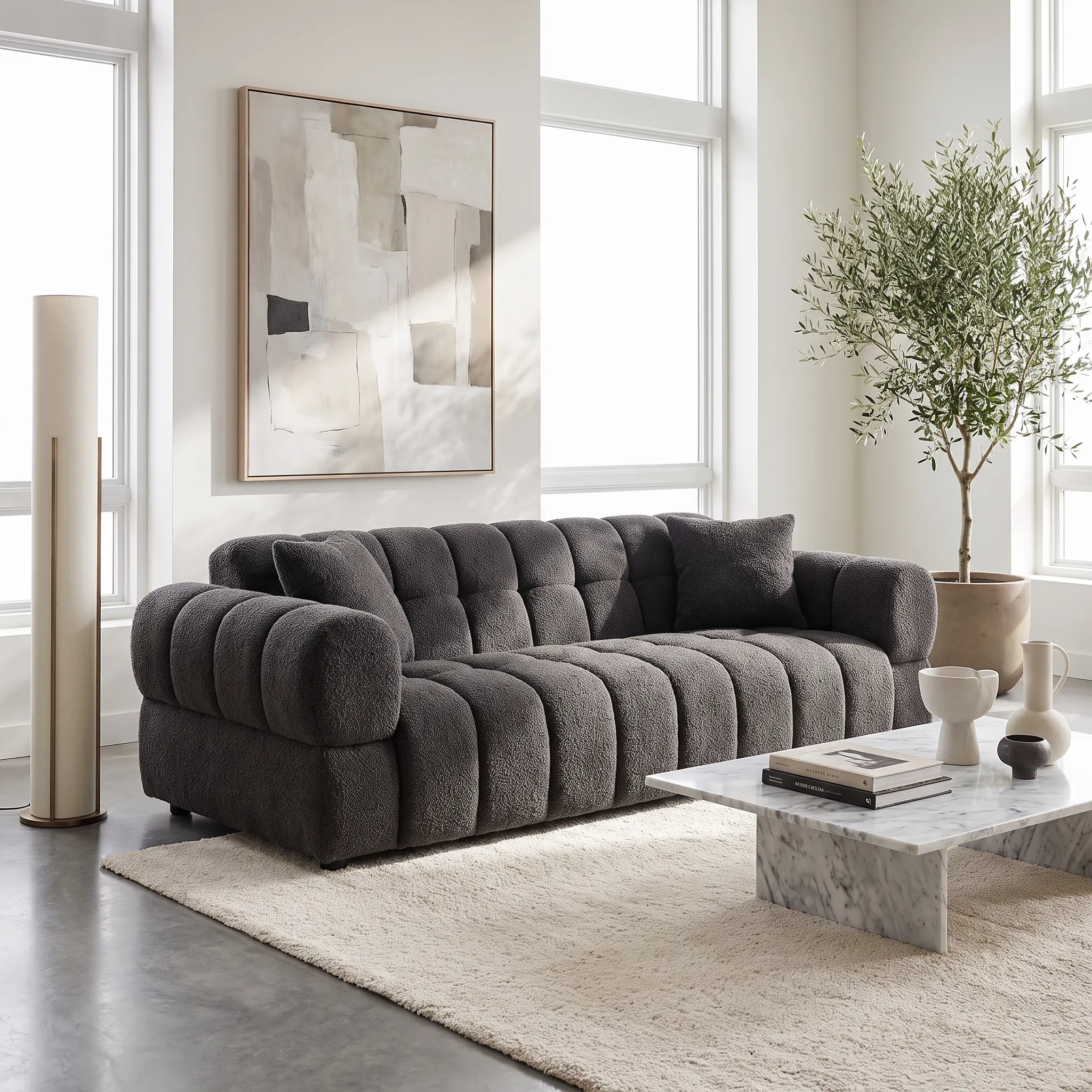 PSCL Teddy-Cubex Dark black boucle sofa square panel and stitched channel detail