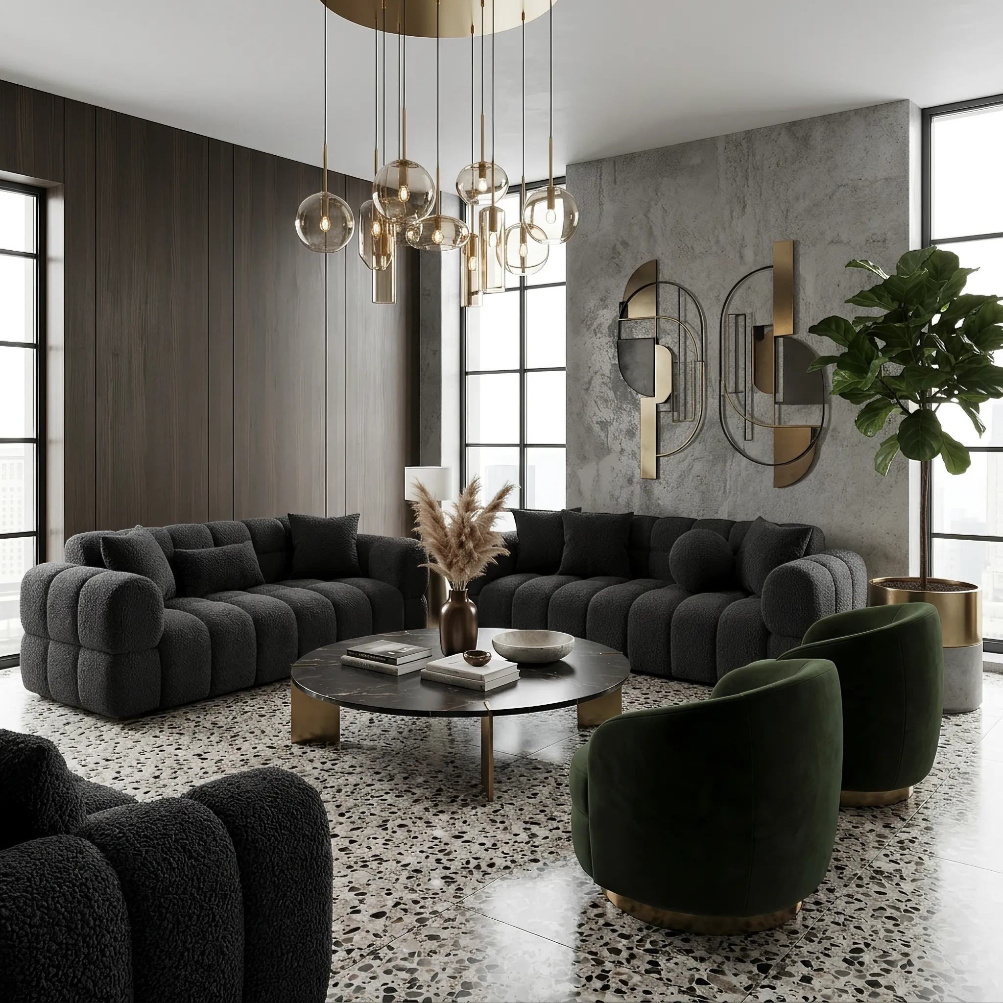 PSCL Teddy-Cubex Dark black boucle sofa side profile showing low wide arms