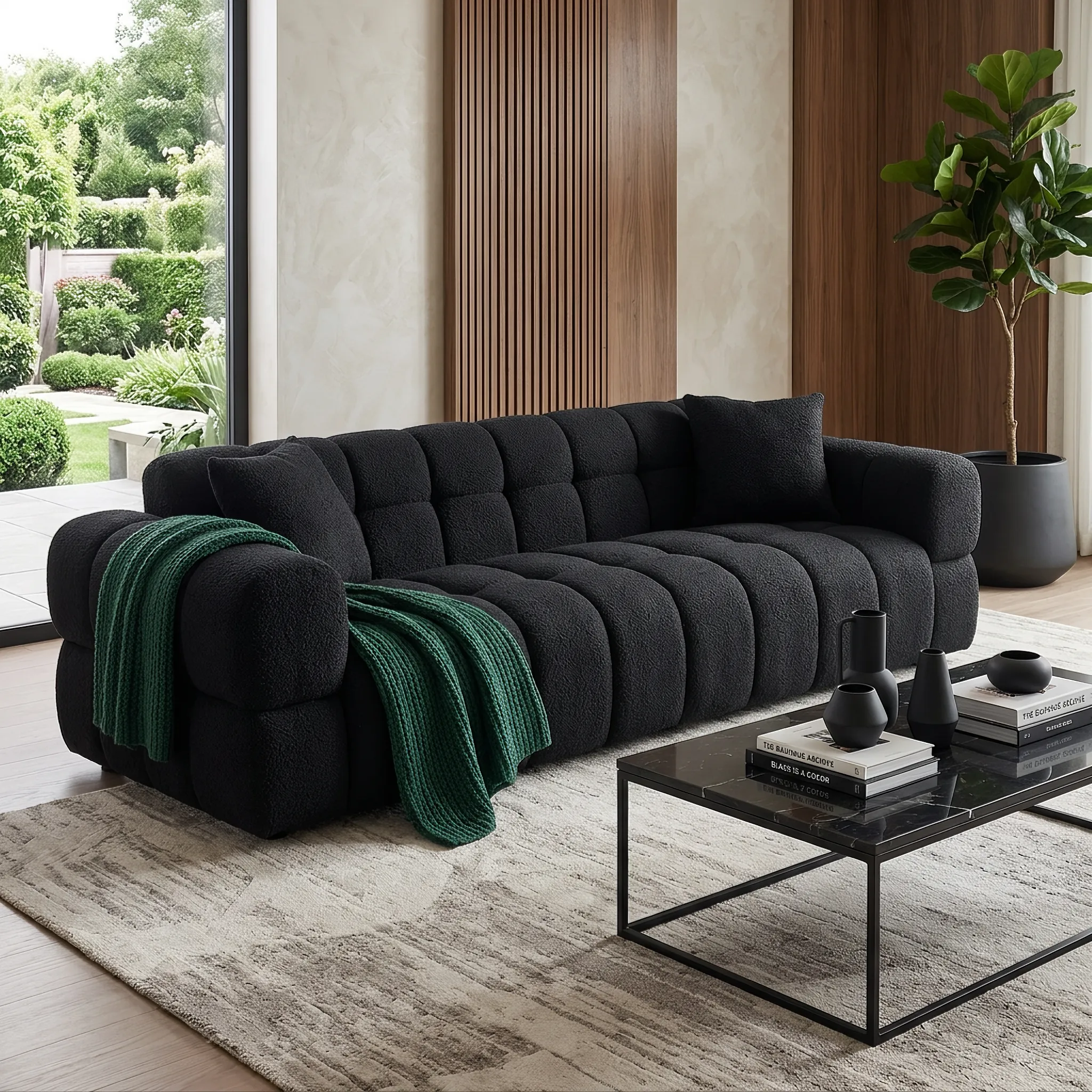 PSCL Teddy-Cubex Dark black teddy boucle sofa styled in a living room