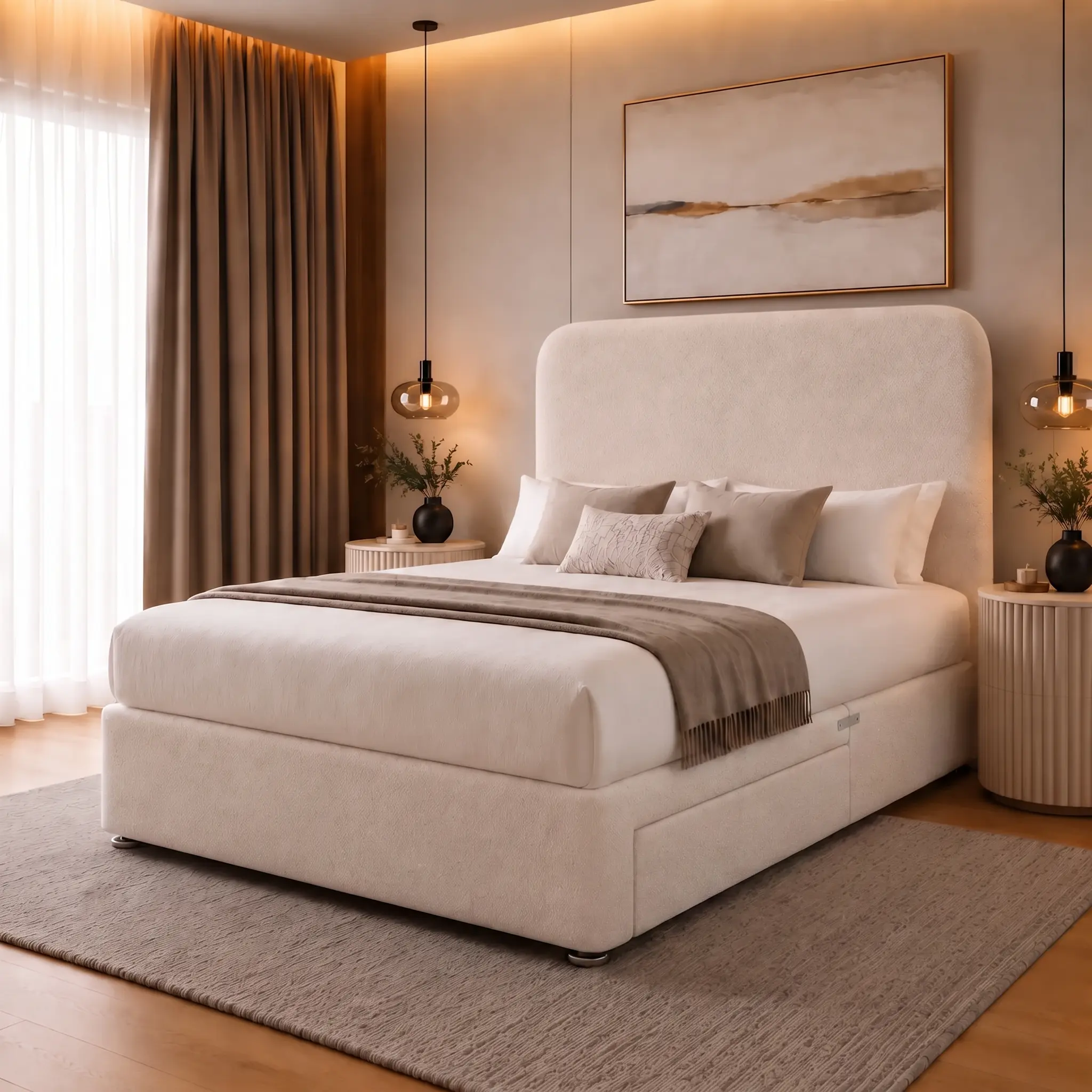 Hawaii divan bed with the storage drawer closed, showing the seamless upholstered front