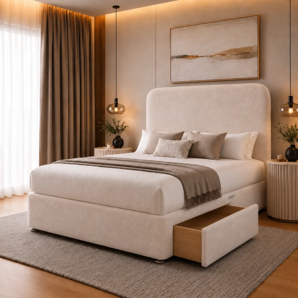 Divan Hawaii Bed with optional storage drawers upholstered in cream Teddy Bouclé fabric