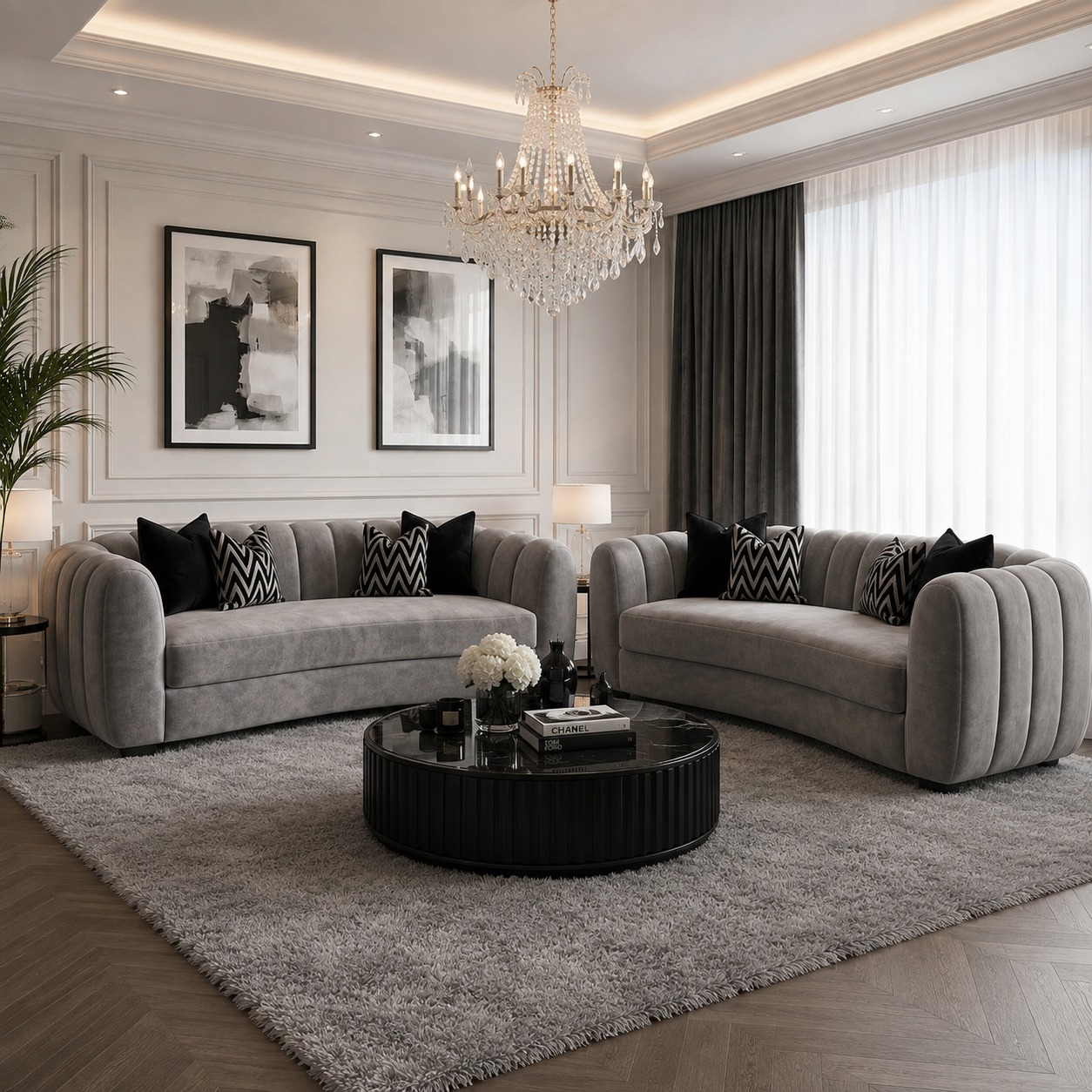 Softly curved silhouette and textured weave upholstery on the Linear Curved handmade sofa