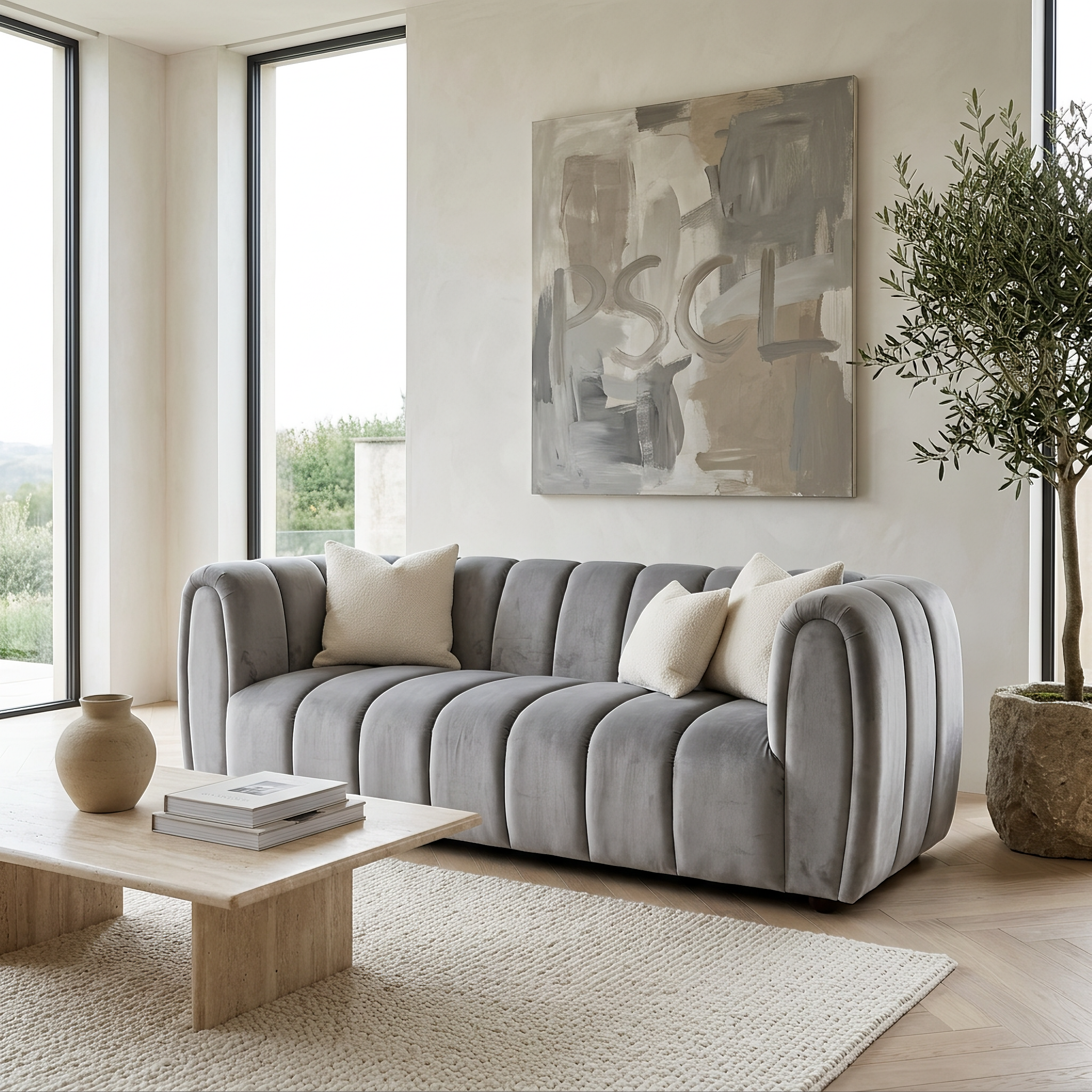 PSCL Athens linear design handmade sofa in Plush Grey textured weave