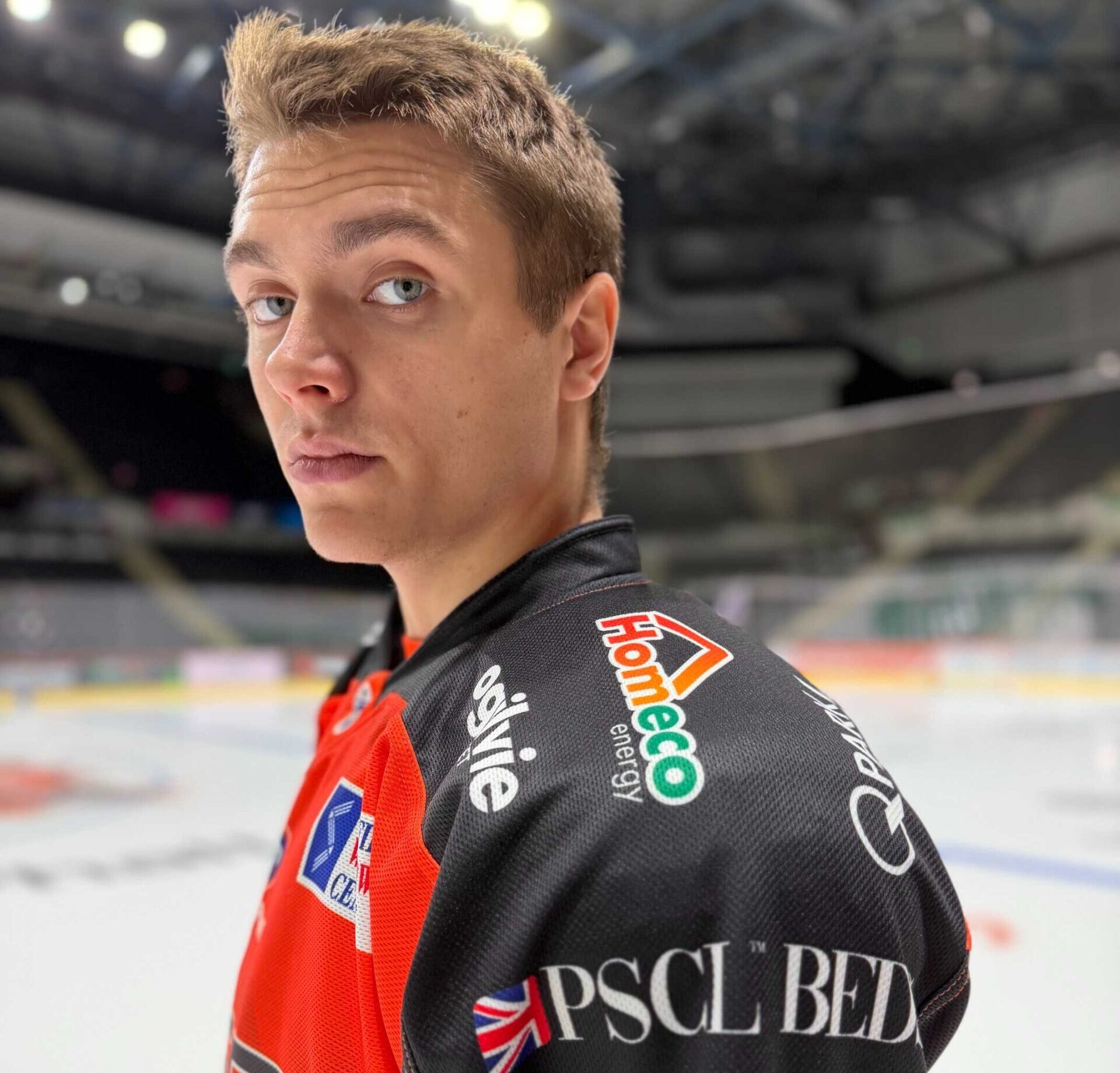 Ivan Björkley Nordström wearing the official 2026/27 Sheffield Steelers kit featuring PSCL Beds