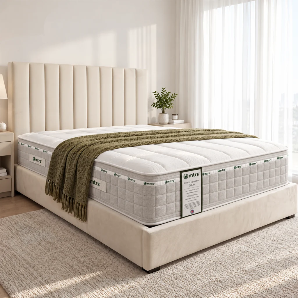 MTRS Hybrid Dynamics 3000 medium hybrid mattress on a cream upholstered bed frame with a green throw in a bright bedroom