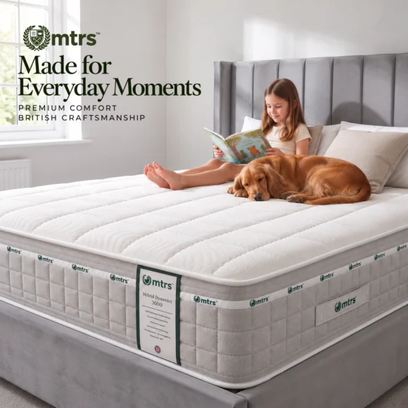 Child reading with a dog on the MTRS Hybrid Dynamics 3000 mattress on a grey divan base