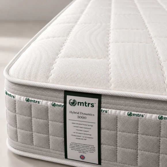 Corner close-up of the MTRS Hybrid Dynamics 3000 showing the quilted top, woven border and MTRS label