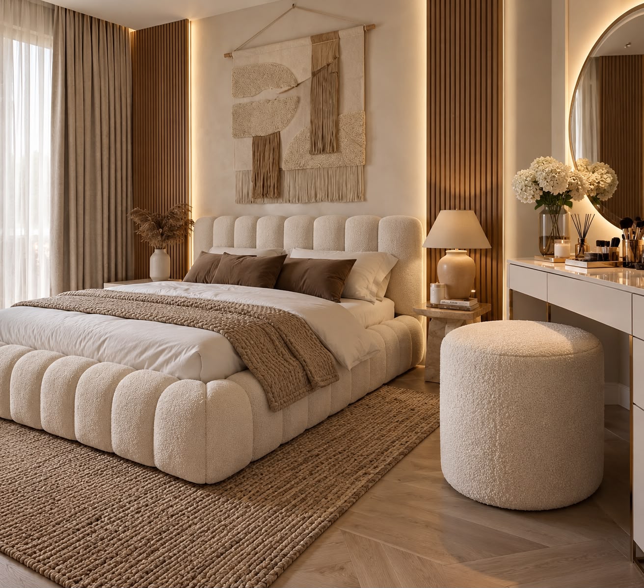 Arlo cream bouclé stool beside a cream upholstered bed and dressing table in a warm neutral bedroom