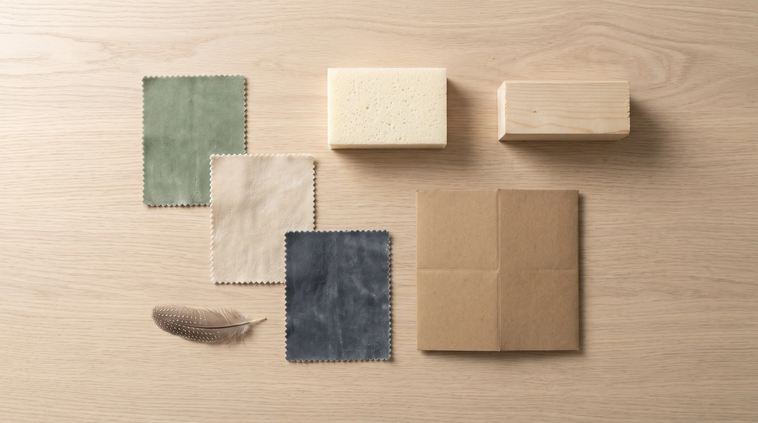Overhead flat lay of velvet fabric swatches in sage, oatmeal and slate with natural foam, pale timber and recyclable cardboard