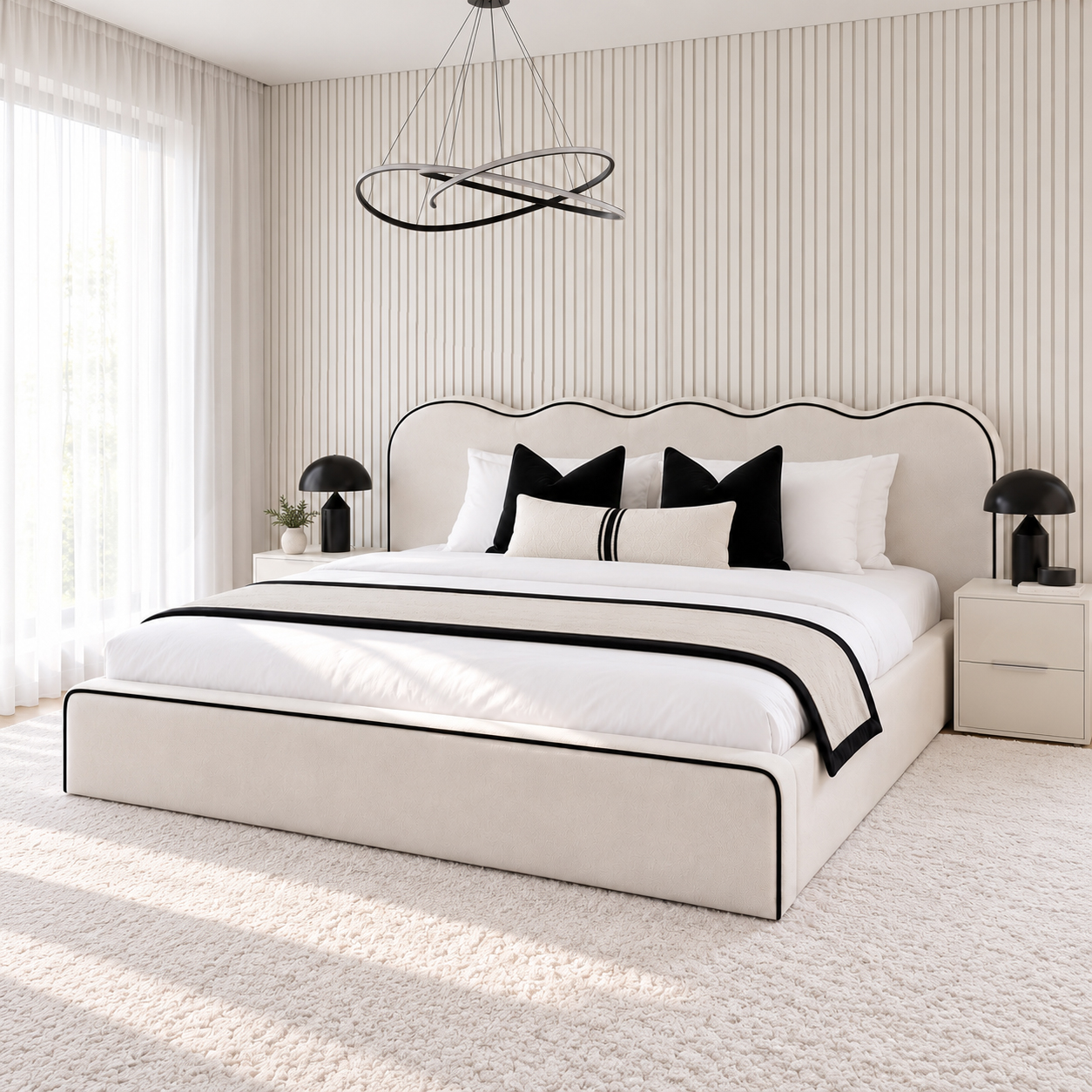 Castle scalloped ottoman bed in cream fabric with black contrast piping around the wave headboard and base, in a bright modern bedroom