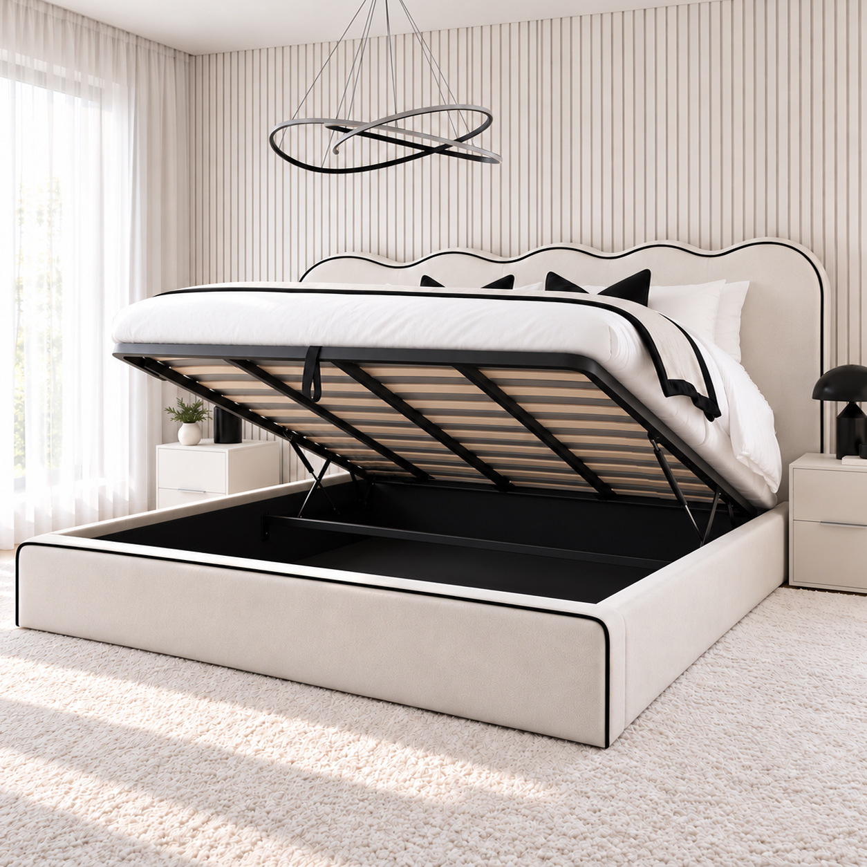 Castle scalloped ottoman bed with the gas-lift mattress platform raised, showing the full-size storage space underneath