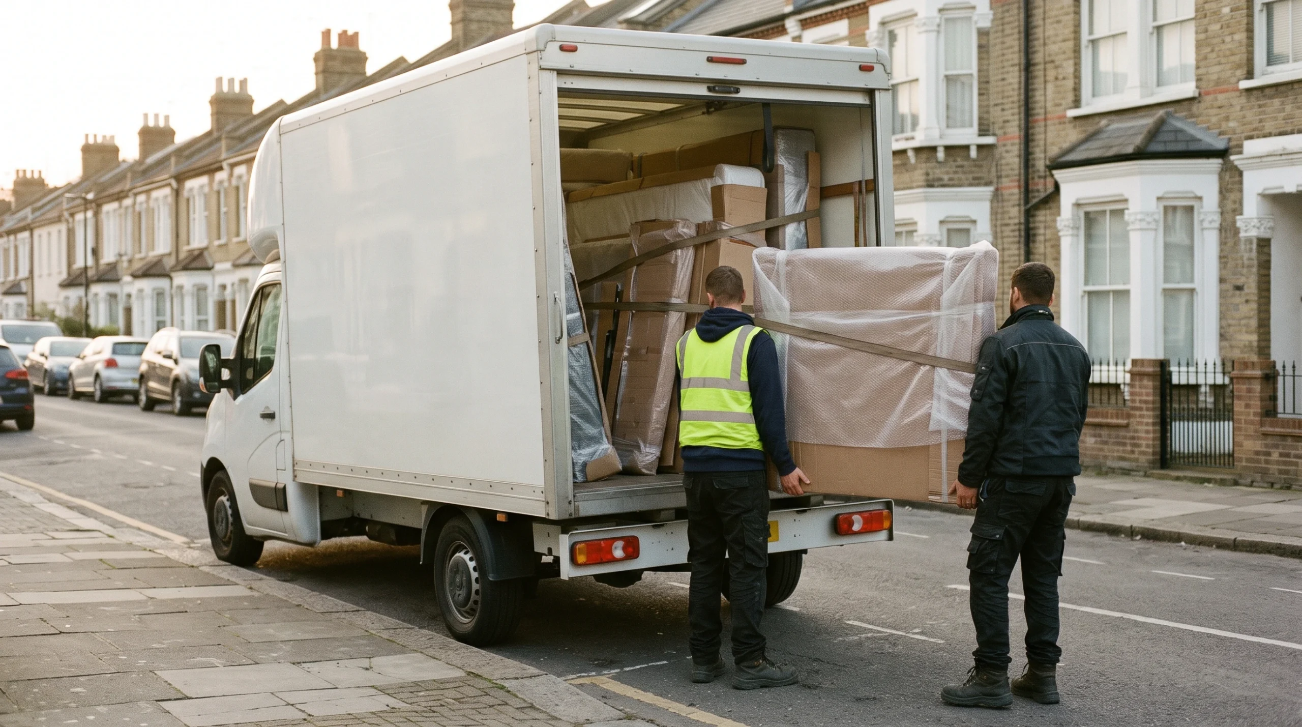 Delivery van with rear doors open, fully loaded with wrapped bed components, parked on a quiet Yorkshire street at golden hour