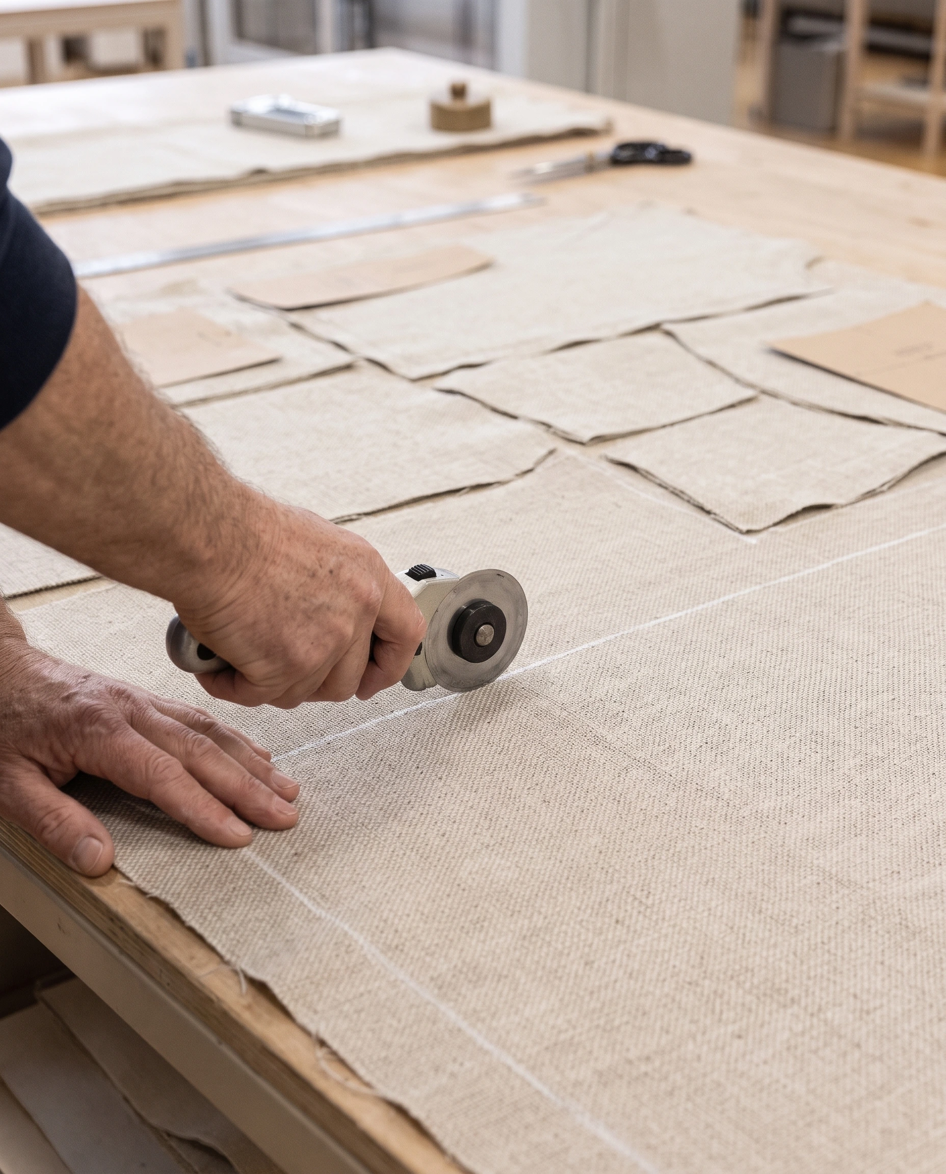 Craftsman's hands cutting oatmeal upholstery fabric along a chalk line with pattern pieces laid out tightly to leave almost no offcut
