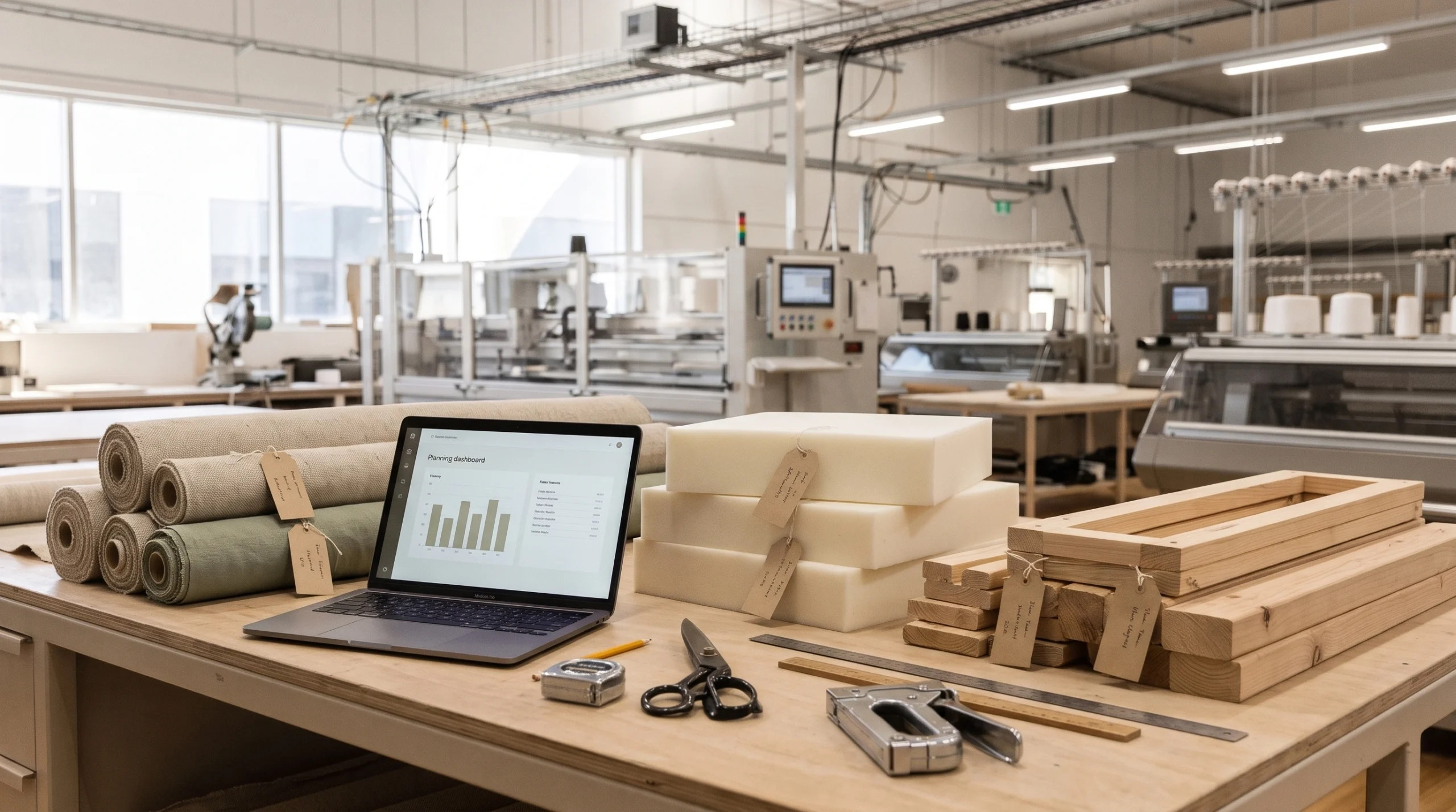 Workshop bench with a laptop showing a simple demand planning chart beside labelled rolls of fabric, cut foam and timber