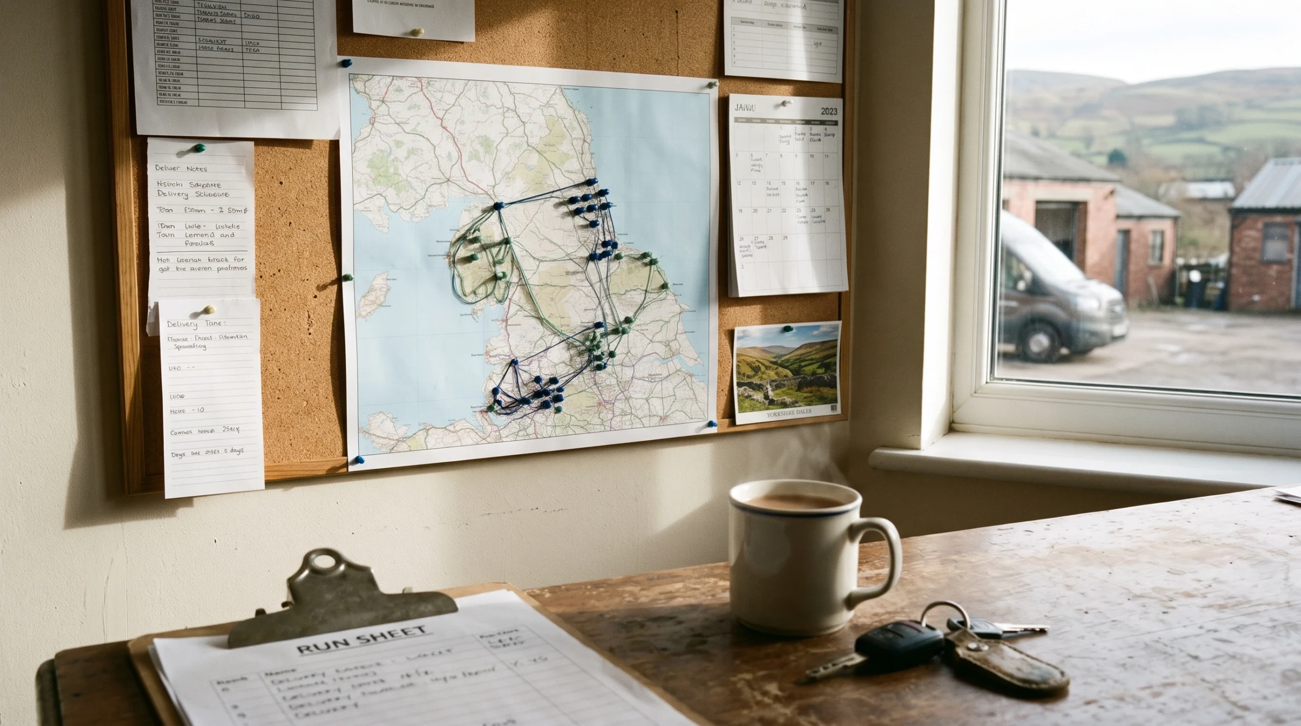 Printed map of northern England pinned to a cork board with tight delivery clusters marked, in a delivery partner's office