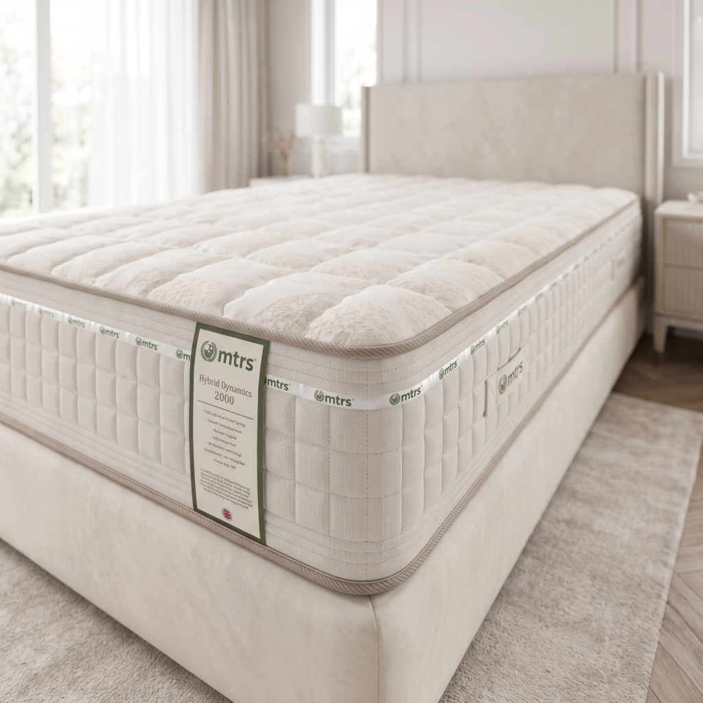 MTRS Hybrid Dynamics 2000 firm hybrid mattress on a cream upholstered bed frame in a bright bedroom